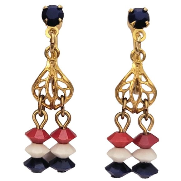 Gold Tone Patriotic Red White Blue Glass Bead Dangle Clip-On Earrings E252 - Picture 1 of 6